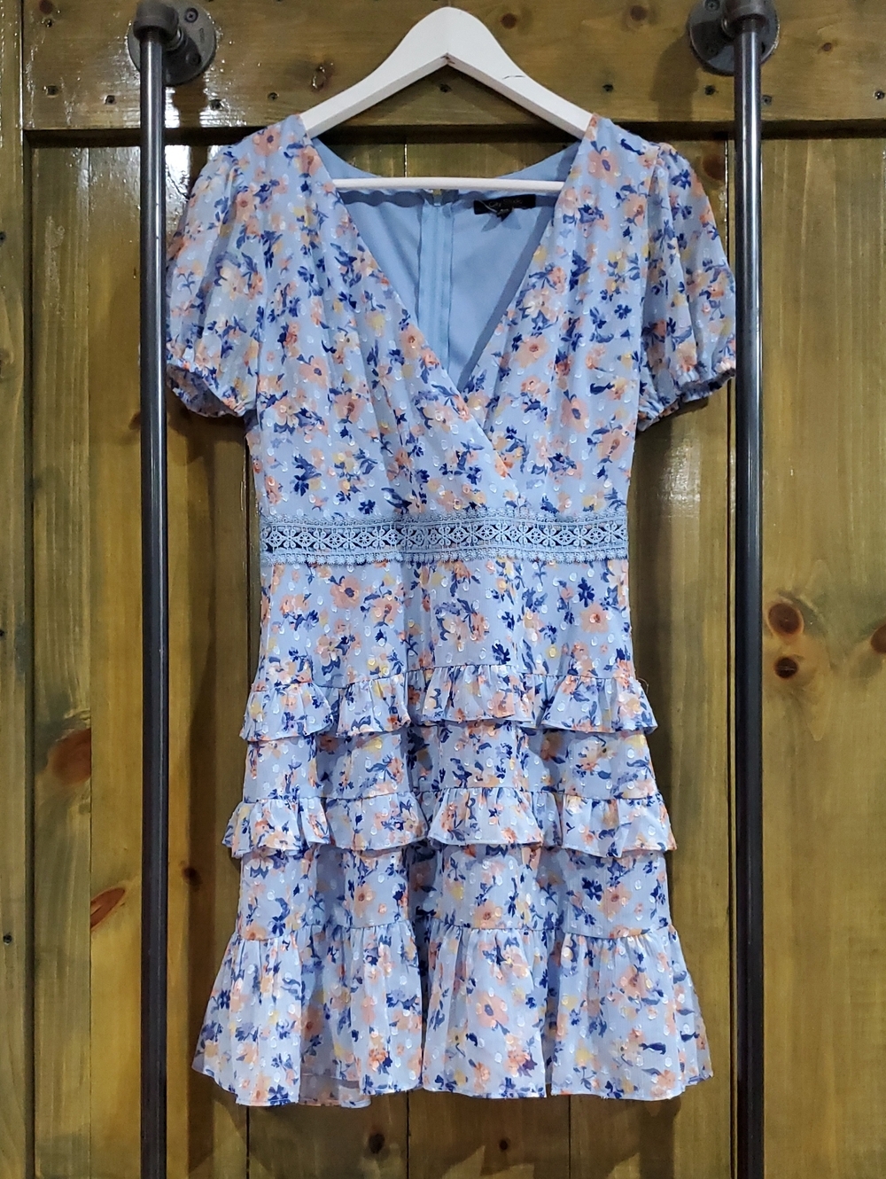 Light Blue Floral Ruffle Mini Dress Party Sunday Wedding Garden Girlie Prairie